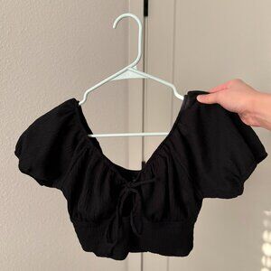 American Eagle Black AE Puff-Sleeve Tie Front Tee